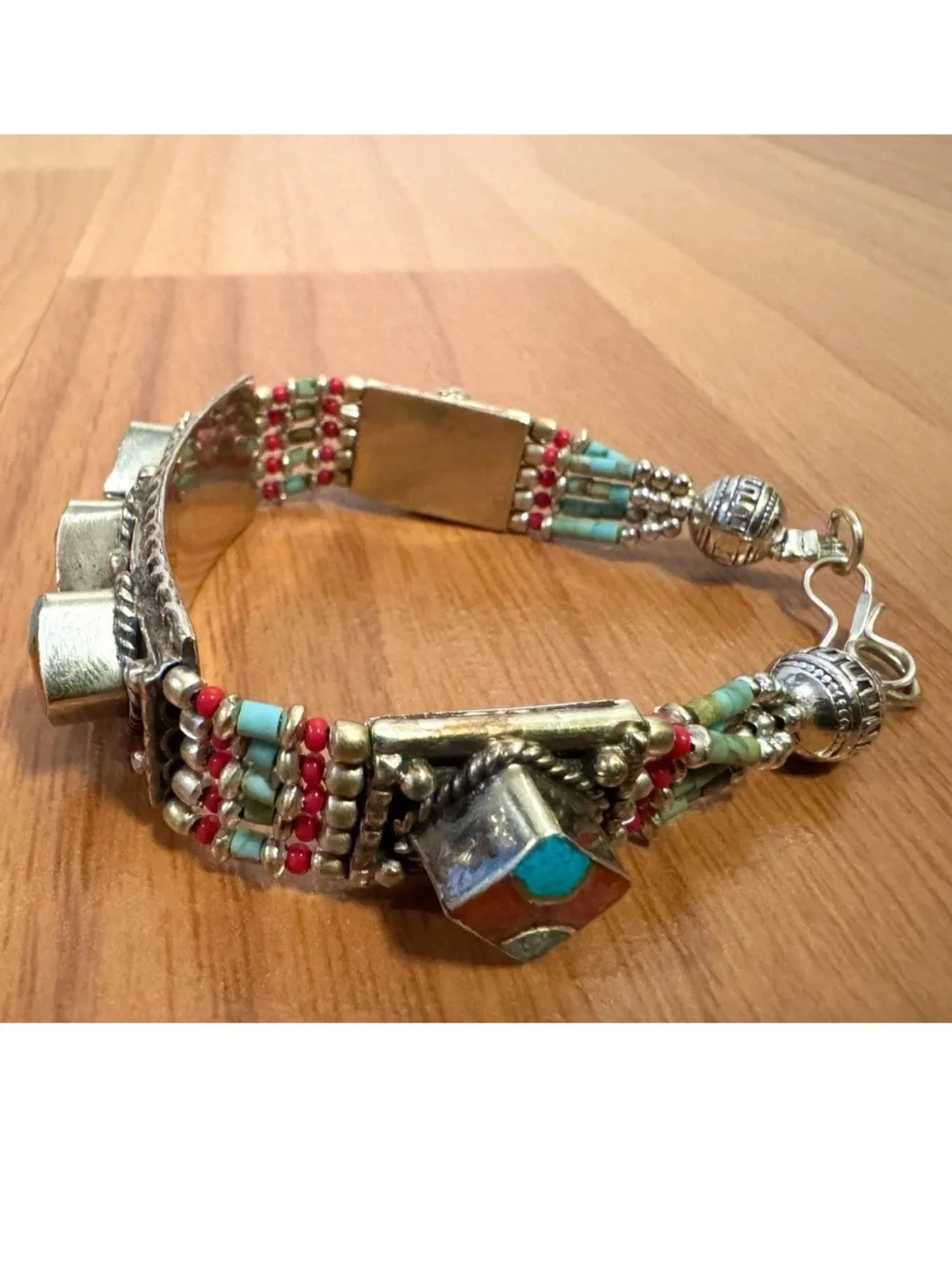 Vintage & Handcrafted Artisan Ethnic Tribal Bracelet Inlay Stones Set In Silver